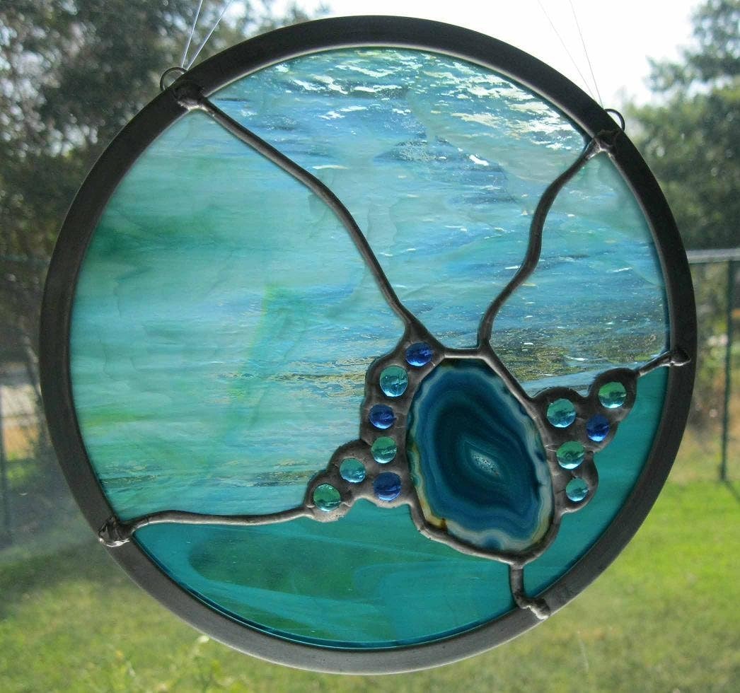 Abstract Round Stained Glass Panel Aqua Blue With Agate