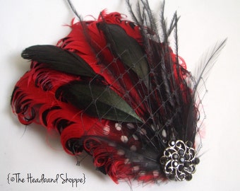 GENEVA - Red and Black Curled Goose Feather Fascinator or Headband - Made to Order