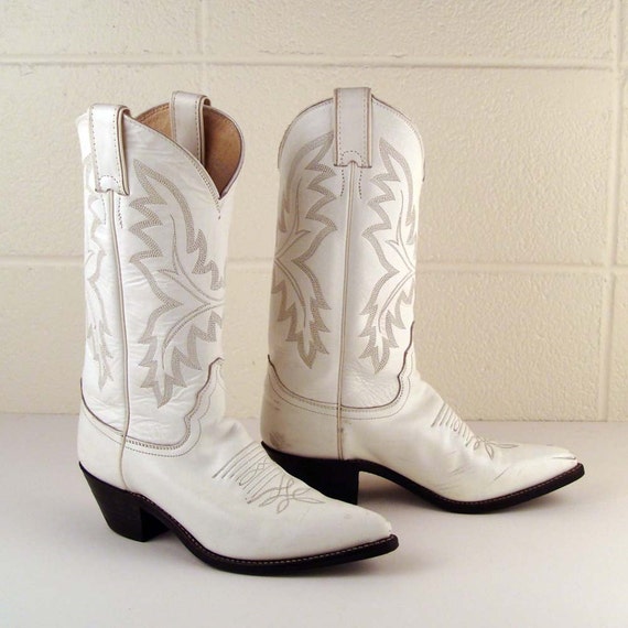 Vintage 1980s Justin White Leather Cowboy Boots Women's 6