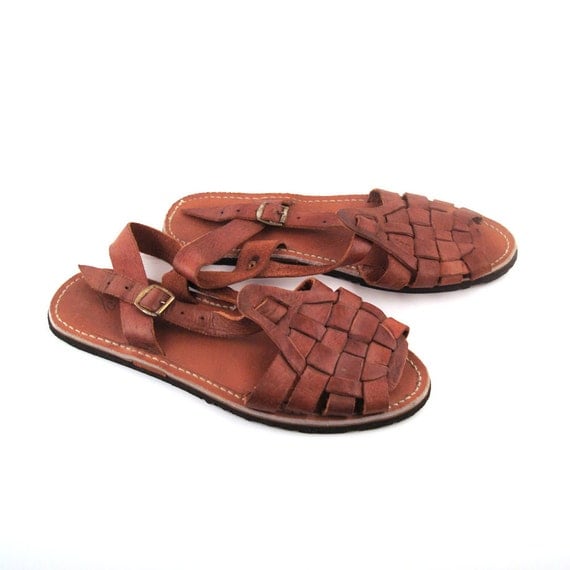 Vintage 1970s Mens Woven Leather Huarache Sandals With Tire Soles