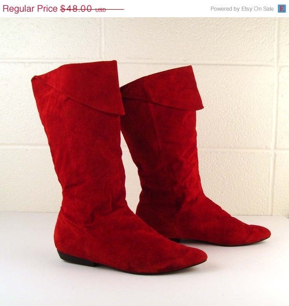 Red Suede Boots Vintage 1980s Red Suede Leather Flat Boots