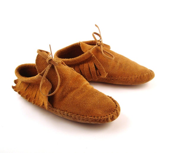 Brown Leather Moccasins Vintage 1970s Tan Leather Suede Shoes