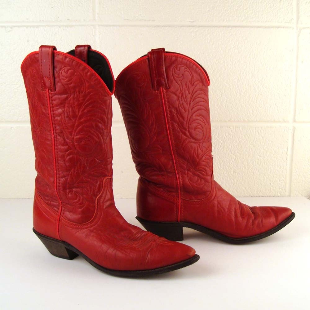 Vintage 1980s Acme Red Leather Cowboy Boots Women's 6 1/2