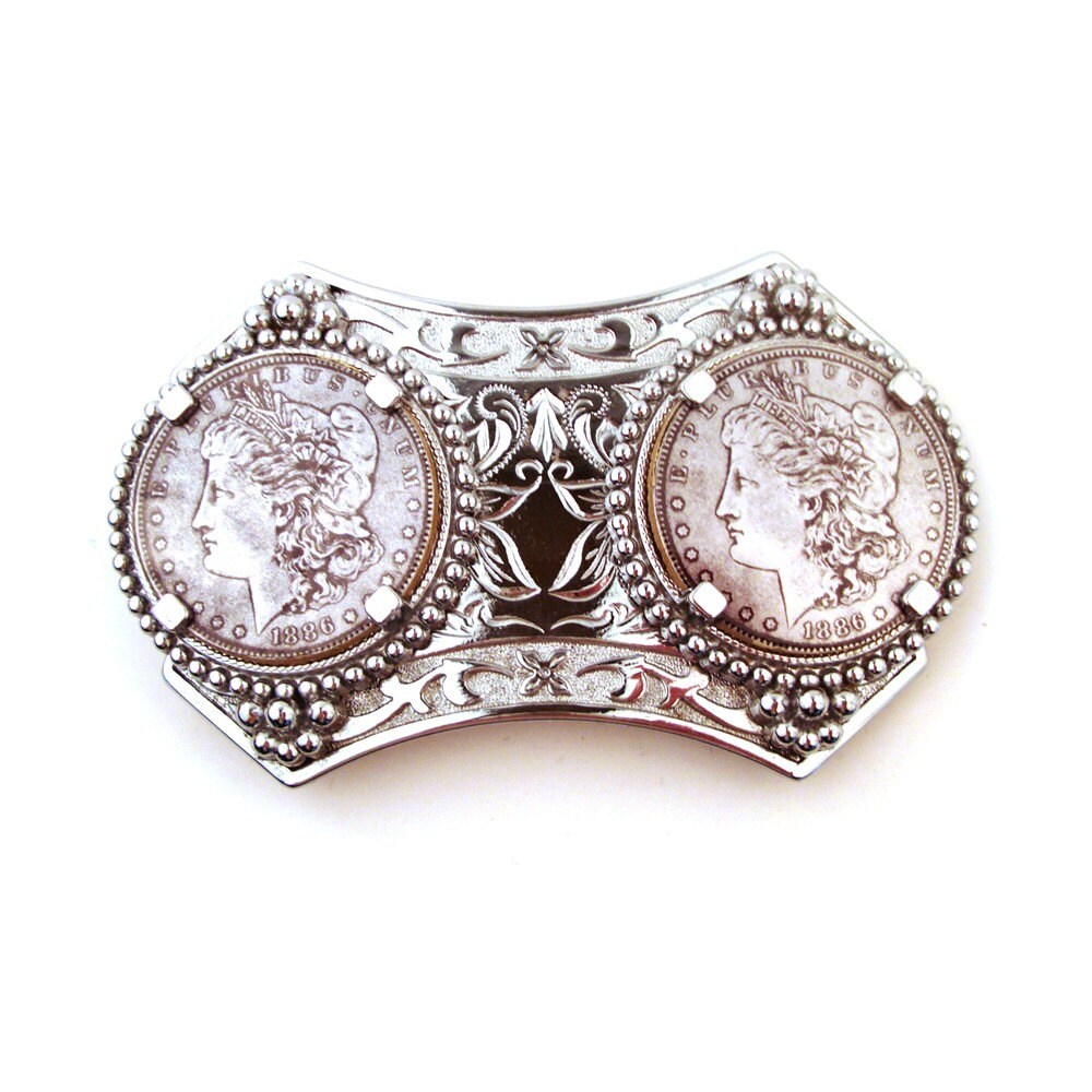 Vintage 1970s Double Silver Dollar stone Belt Buckle