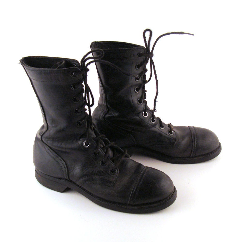 Combat Boots Distressed Vintage 1970s Black Leather Lace Up