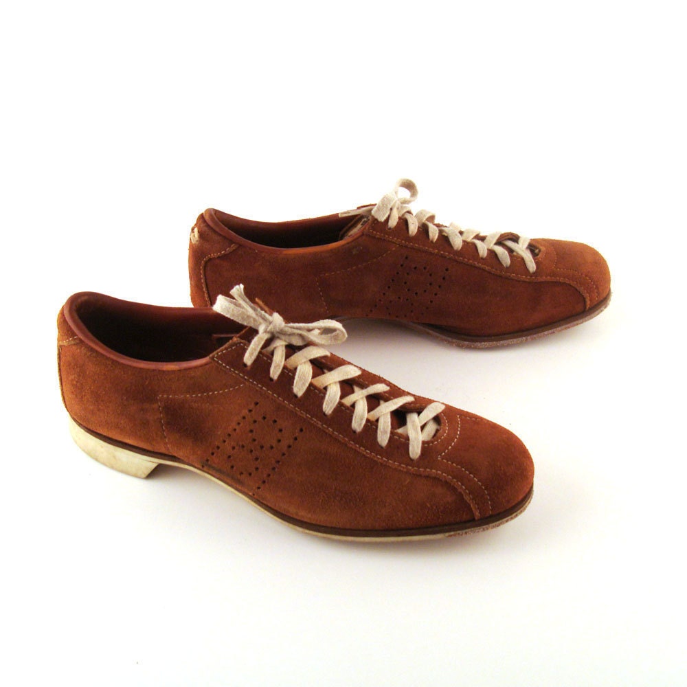 Bowling Shoes Oxfords Rust Suede Leather Hyde Vintage 1970s