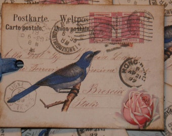 Blue Bird Vintage Postcard Altered Art Hang Tags