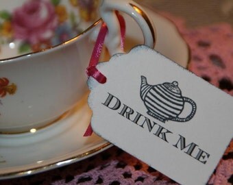 Drink Me Tags, Alice in Wonderland Drink Me Tags, 24 Vintage Tea Party or Wedding Tags,You Pick Color of Ribbon and Ink