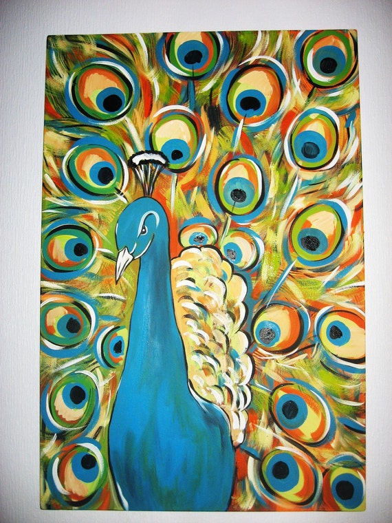 SALE Peacock Original Abstract Acrylic Painting 24x36 RESERVED