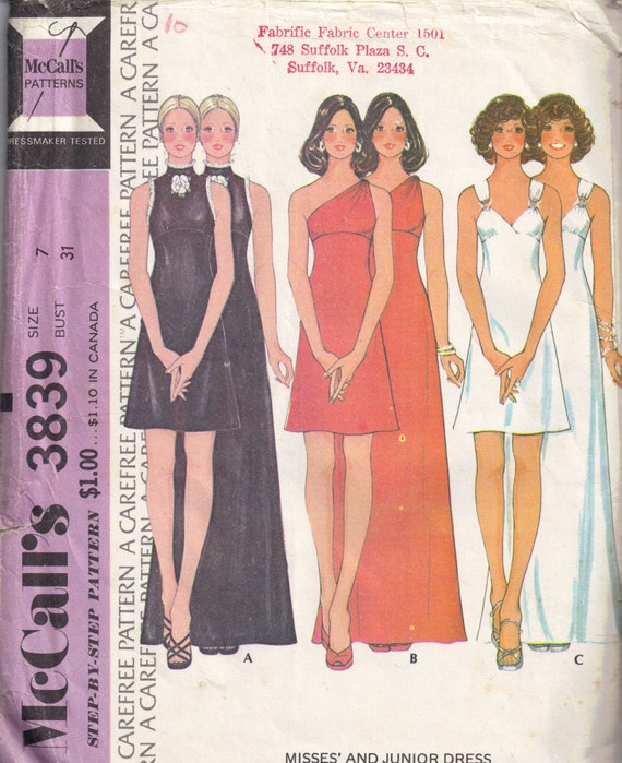 McCalls 3839 Vintage 1970s Sewing Pattern One shoulder V