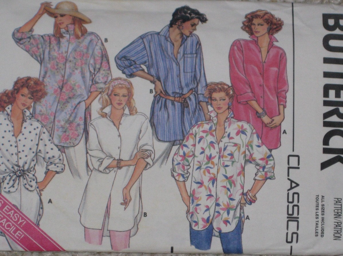 Oversized Shirt Pattern | 1980s loose fitting oversized shirt sewing pattern vintage Oversized Shirt Pattern | 1980s loose fitting oversized shirt sewing pattern vintage