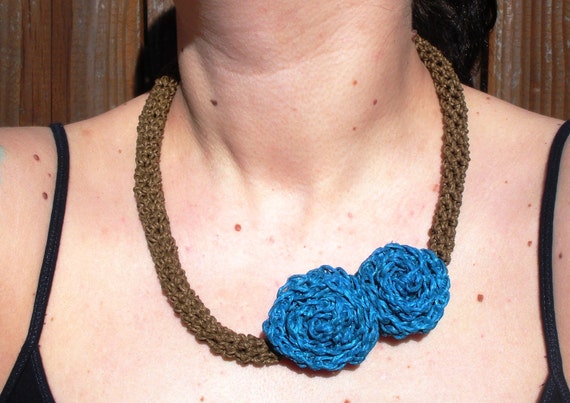Crochet Necklace with Double Turquoise Roses ready to by luvbuzz