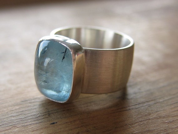 Aquamarine Ring on recycled sterling wide band