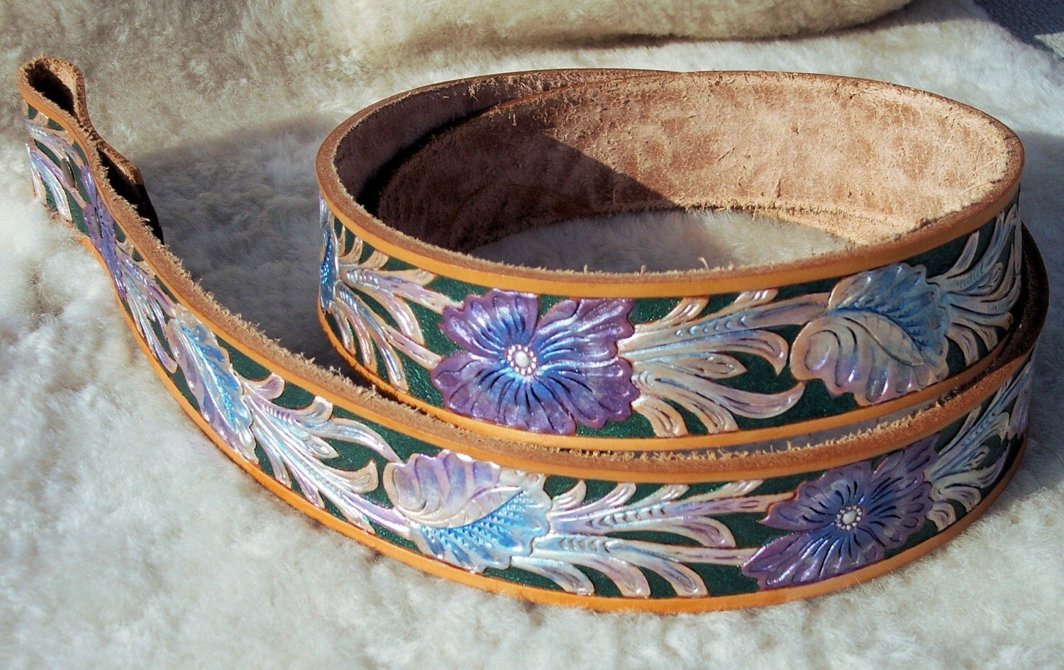 Hand painted tooled leather floral belt