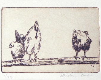 original etching of 3 chickens