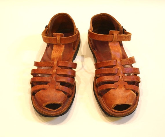Vintage Brown Leather Fisherman Sandals 60s 70s Mens 9 9 1/2