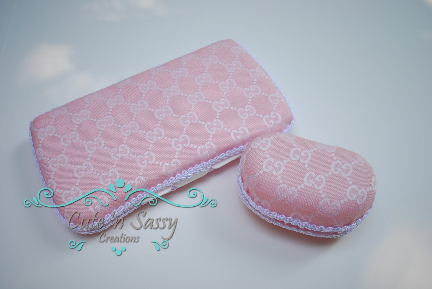 2 Pc Set Baby Wipe Case and Pacifier Case Pink Gucci