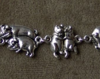 Vintage 1970s Silver Metal DANCING PIGS Bracelet 7 inches
