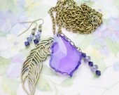 Crystal Jewelry Set Violet Feather Charm Necklace and Earrings