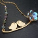 Two Birds on a Branch Necklace - Gold Plated and Swarovski Crystal Beads - Romantic Jewelry - Cute, Lovely, Sweet, Flower, Pink, Blue, Green