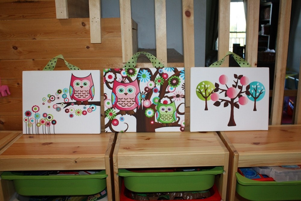 Set of 3 Pretty in Pink Owls Stretched Canvases Baby Nursery