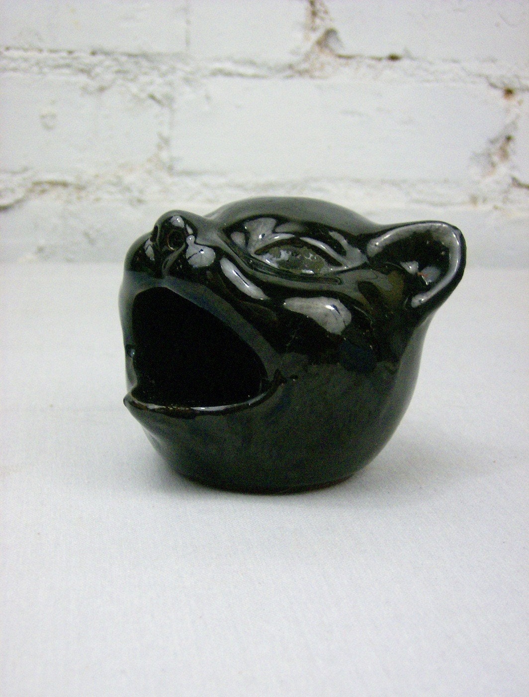 Vintage Black Ceramic Cat Head Ashtray
