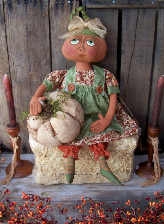 Primitive Folk Art Fall Harvest Pumpkin Art Doll Penelope