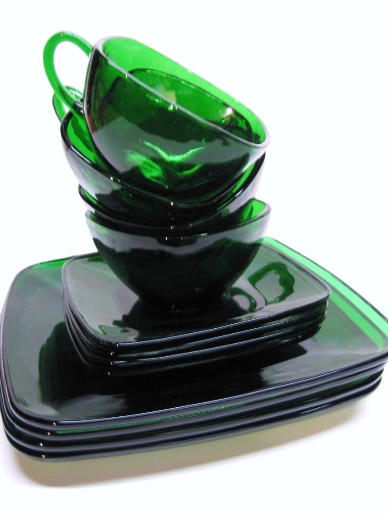 Vintage Stack of Emerald Green Square Dishes 12 Pieces