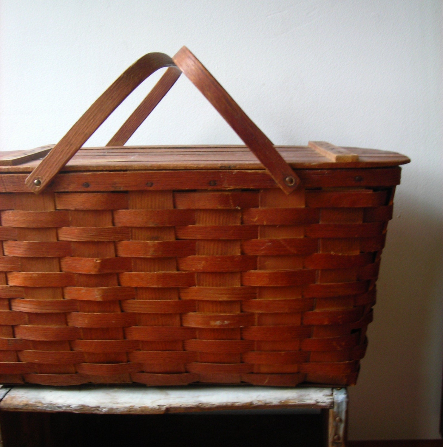 Large Antique Wicker Picnic Basket with Shelf and Lid