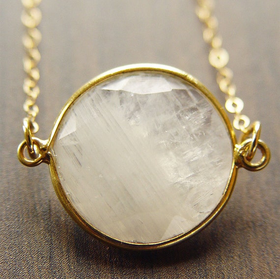 Round Moonstone Gold Necklace - Milky White 14k Pendant
