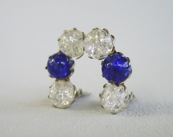 Vintage Cobalt Blue Clear Glass Earrings Silver Fifties