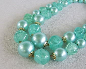 Vintage Aqua Double Bead Strand Necklace Hong Kong