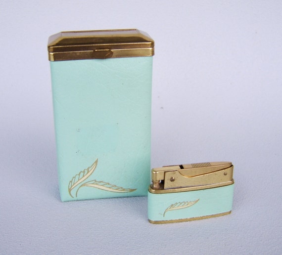 Vintage Aqua Leather Cigarette Case Lighter Set