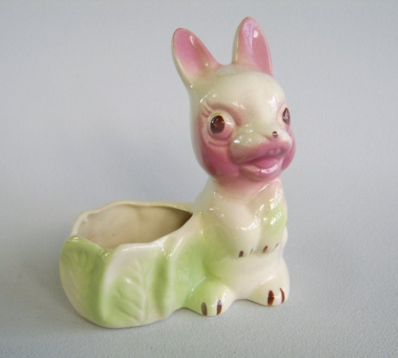 Vintage Ceramic Bunny Rabbit Cabbage Planter by uncommonvintage