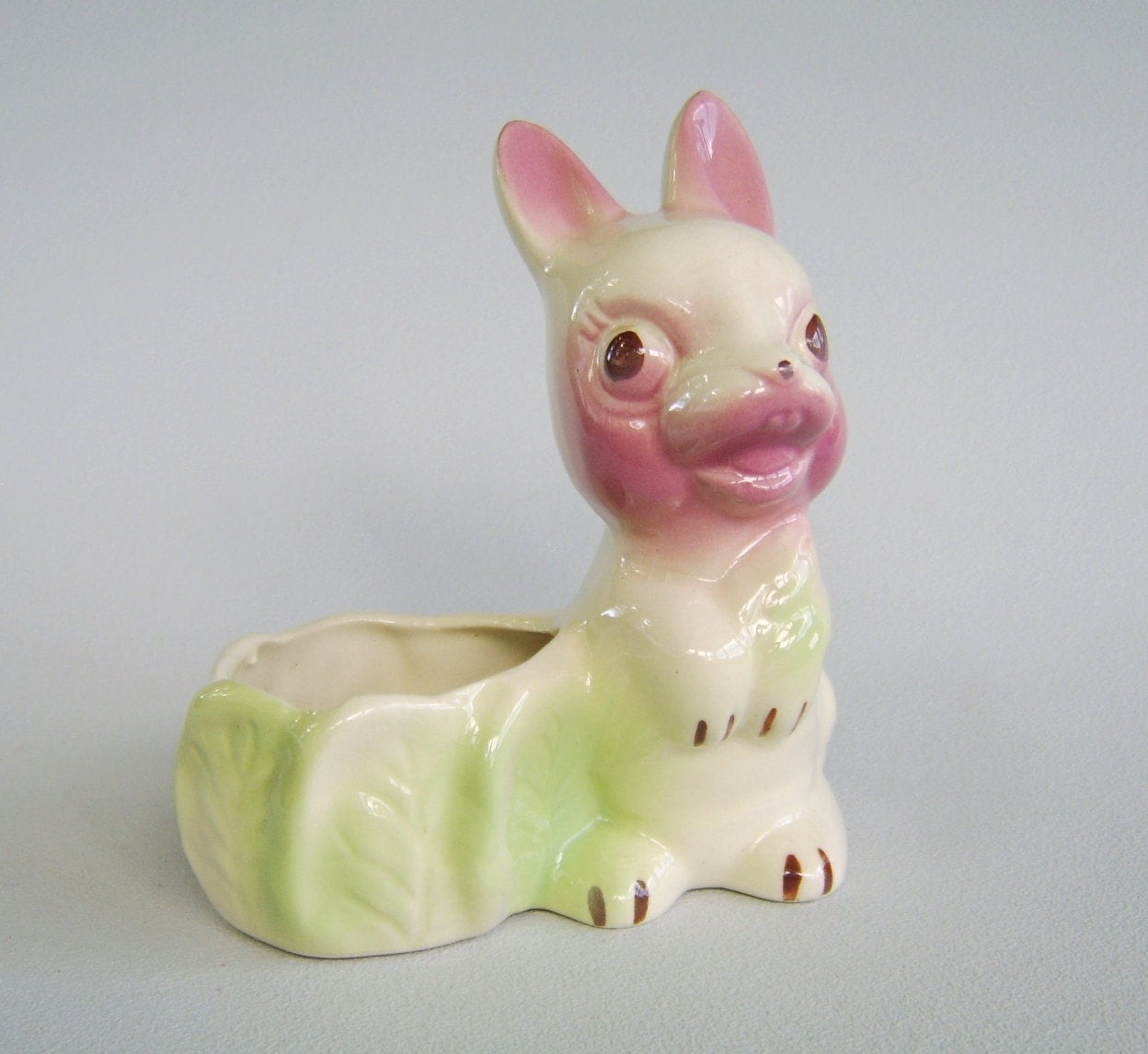 Vintage Ceramic Bunny Rabbit Cabbage Planter Unusual