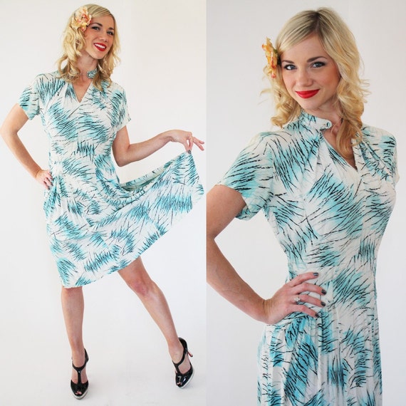 Items similar to Vintage 40's Aqua Zig Zag Pinup Dress on Etsy