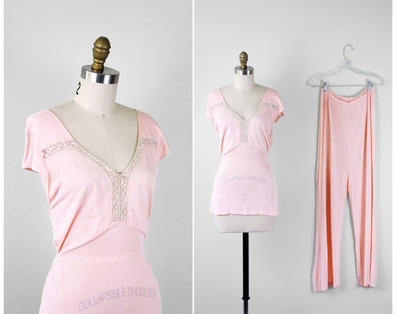 1930s 30s pajamas // Pale Pink Jersey and Lace by RococoVintage