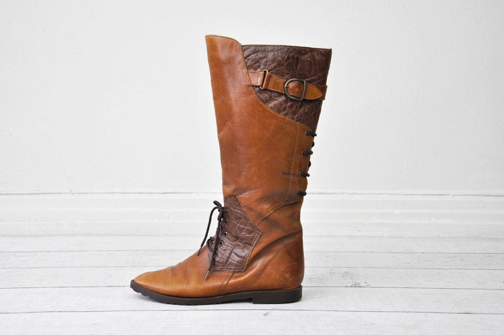 vintage knee high boots // Brown Leather Lace Up by RococoVintage