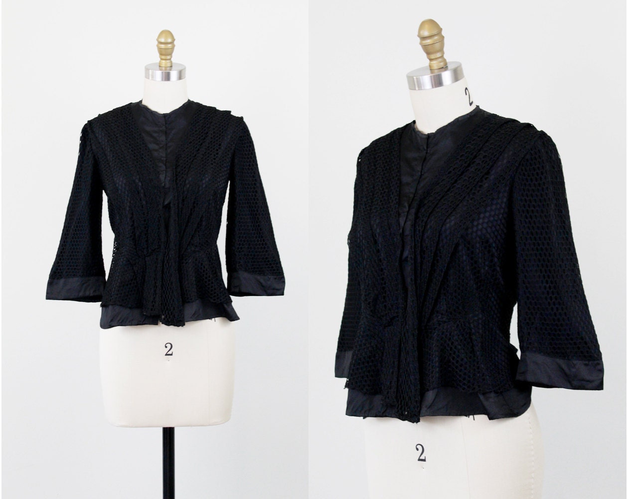 antique Victorian jacket // 1800s Black Eyelet Mourning Jacket