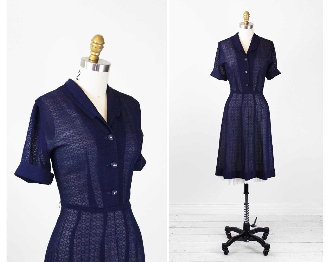 1940s dress / 40s dress / Navy Blue Sheer Day Dress with