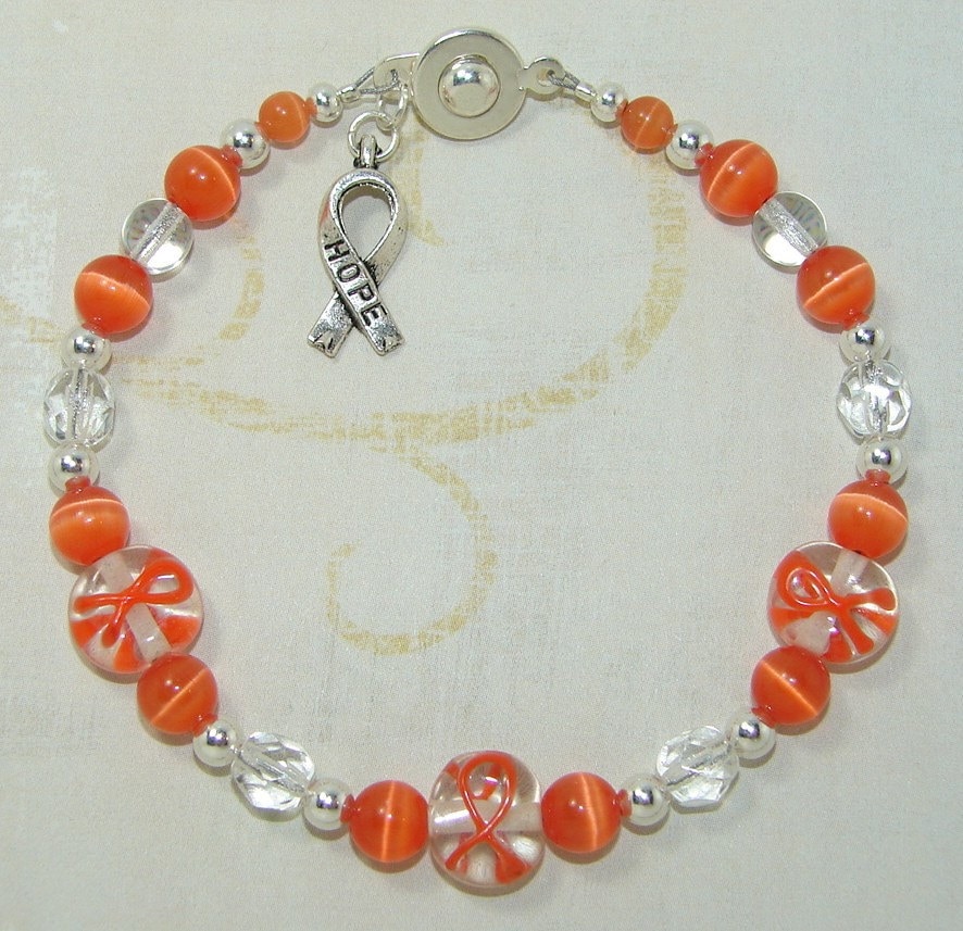 Orange Ribbon Leukemia Cancer Awareness Beaded Bracelet