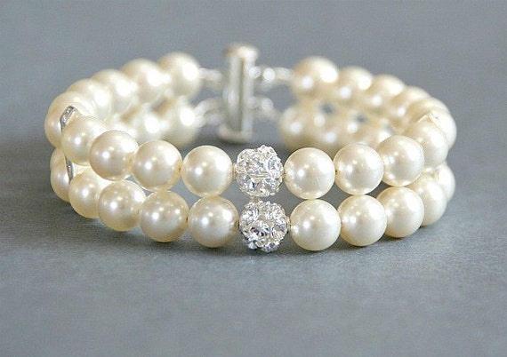 Classic Swarovski Crystal and Pearl Bridal Bracelet, Double Strand Wedding Bracelet, Simple White Ivory Pearl wedding jewelry -Style 355