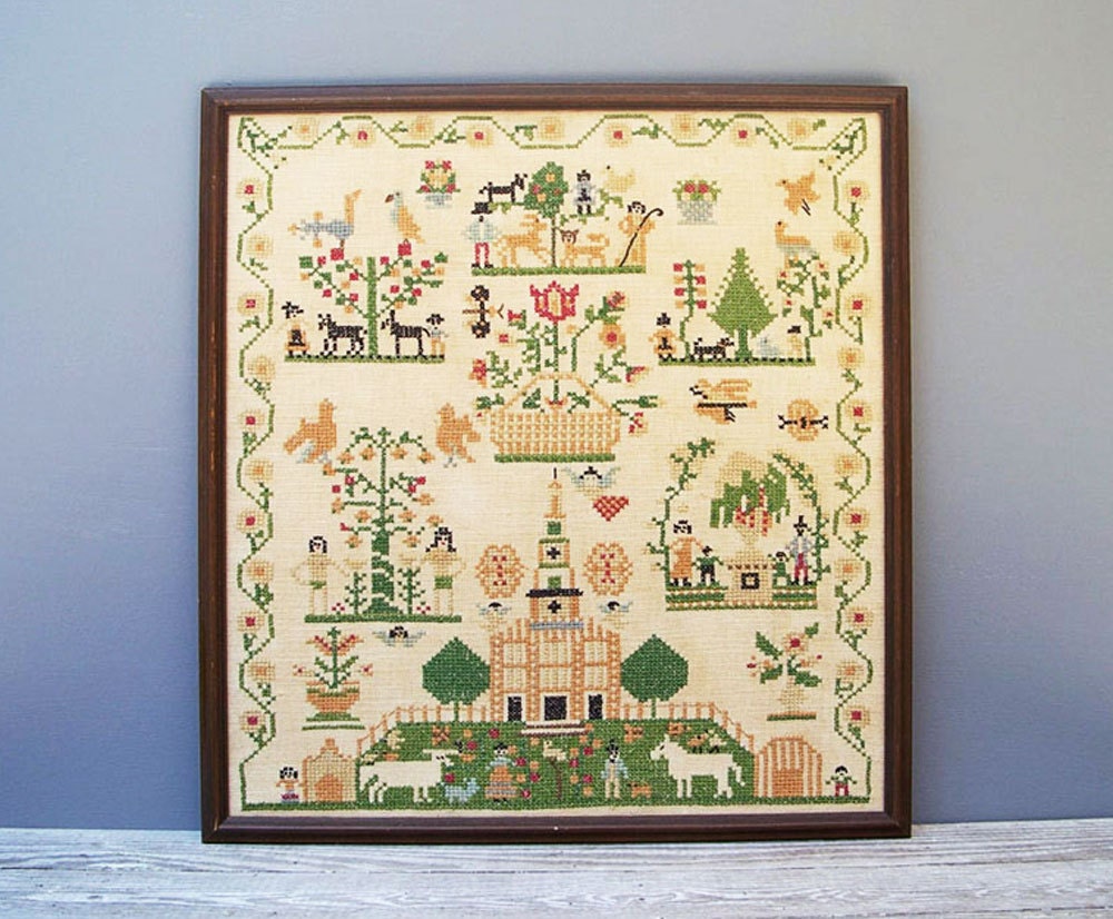 vintage needlepoint cross stitch sampler farm forest church