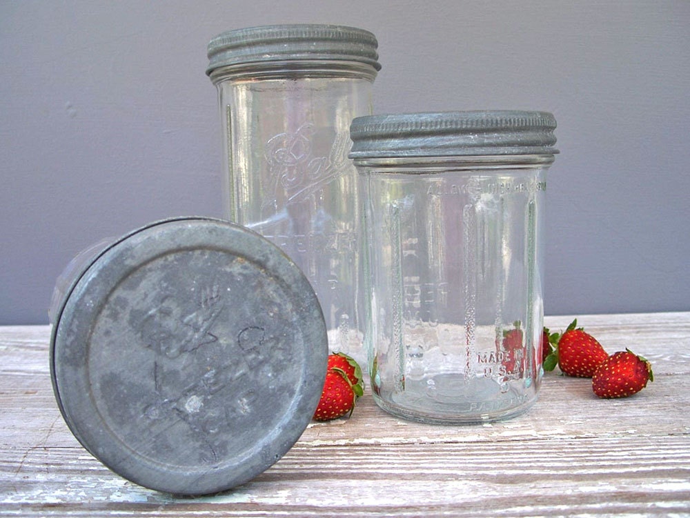 collection of 3 vintage glass ball freezer jars zinc lids