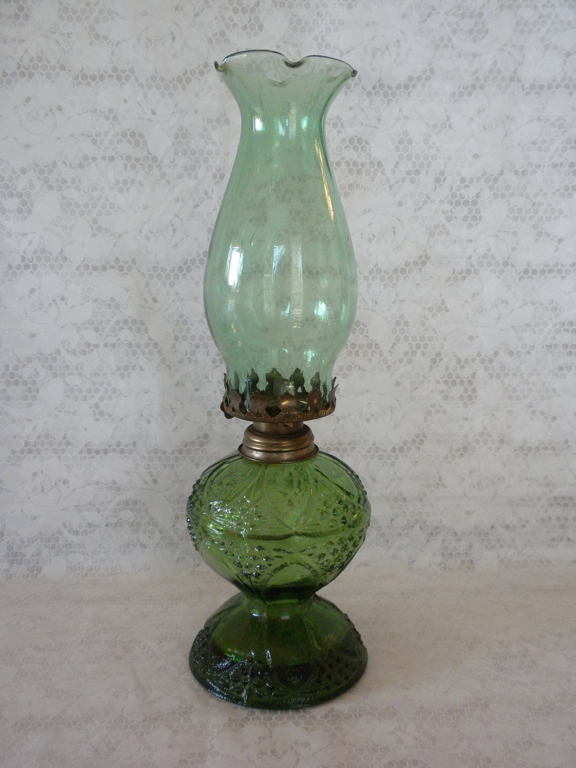 vintage oil lamp olive green textured glass original