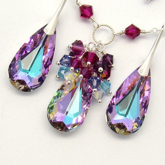 Violet Purple Jewelry SetCluster Necklace EarringsTeardrop