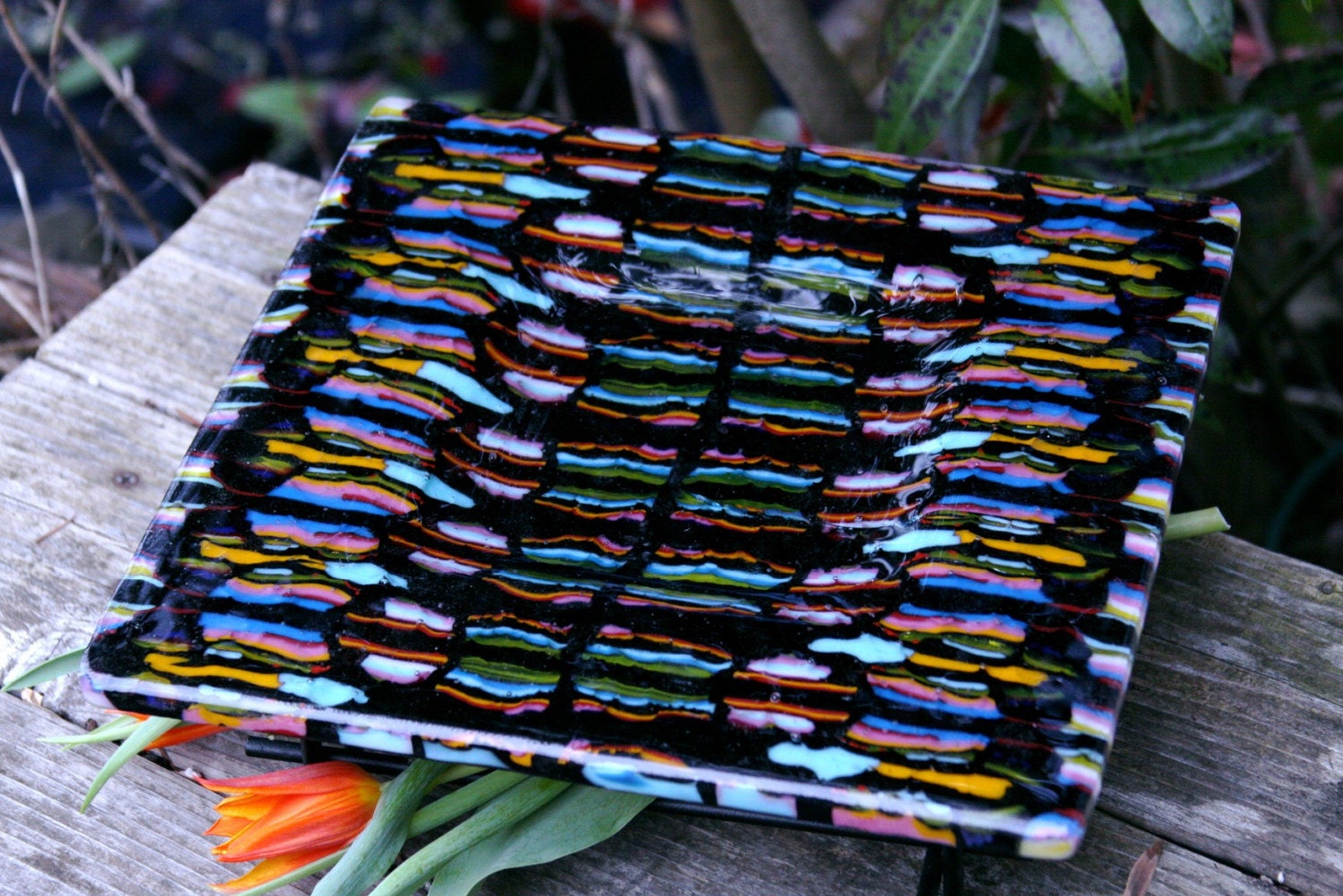 Fused Glass Platter In Thick Bar Pattern