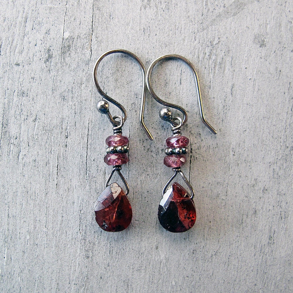 Garnet Teardrop Earrings Sterling Silver Antiqued Finish