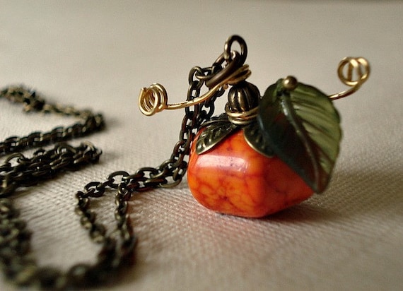 Pumpkin Necklace Genuine Howlite Fall Harvest Jewelry Autumn Orange Green Necklace Halloween Necklace