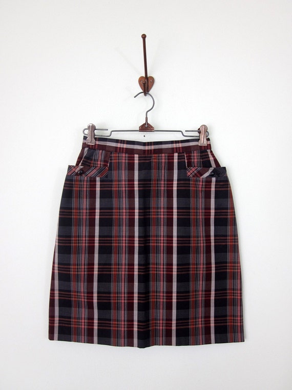 60s skirt / cotton fitted madras plaid xs s